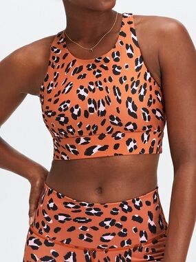 Fabletics Rust Leopard High-Neck Sports Bra with Pink & Black Spots NWT S